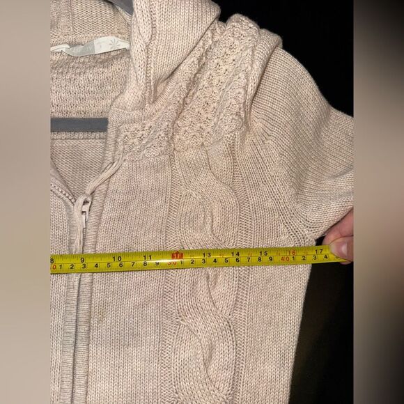 Athleta Beige Cable Knit Hooded Long Cardigan Small cotton/cashmere blend * Flaw - Picture 8 of 9